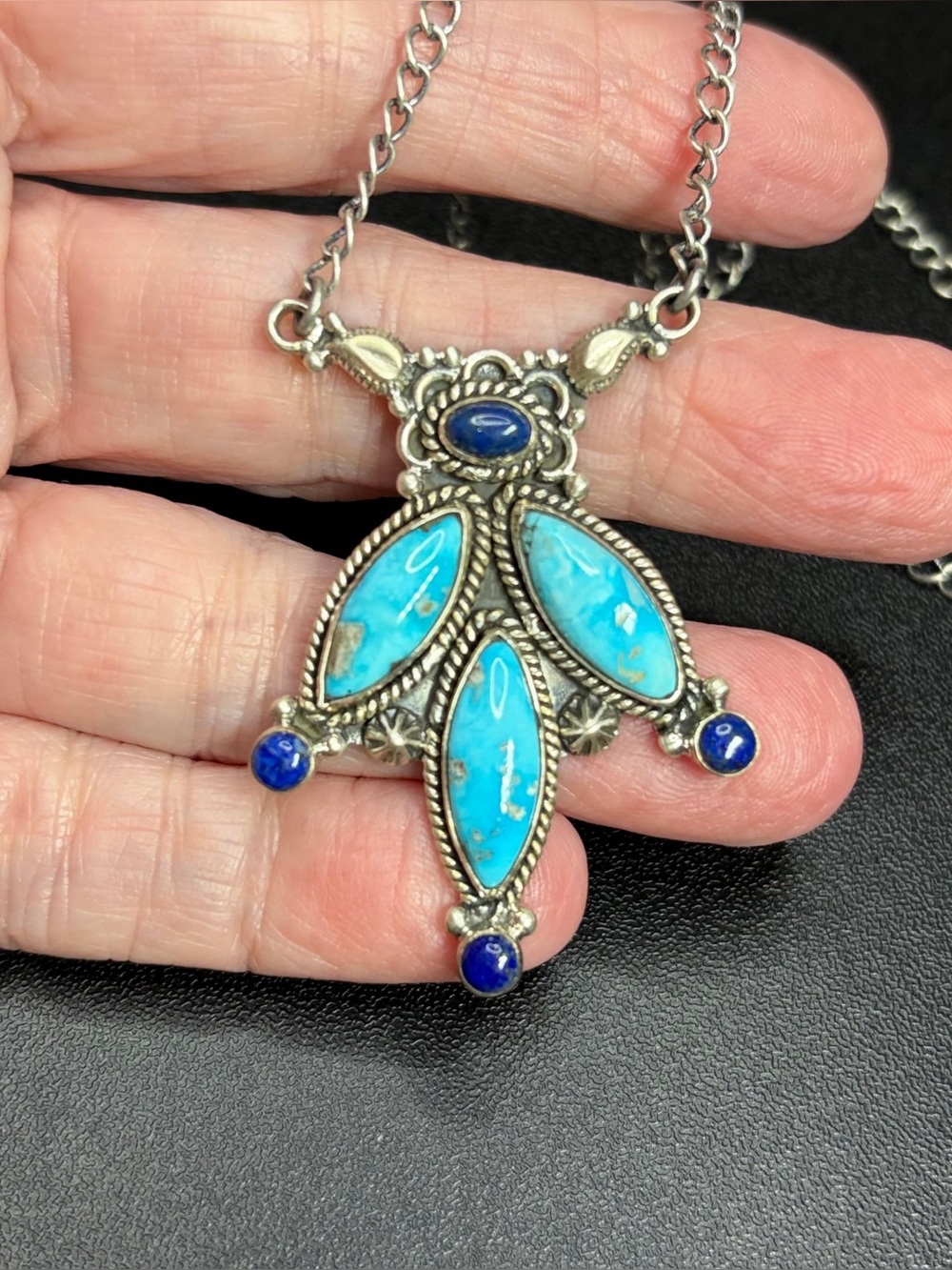 925 Sterling Silver Blue Bird Turquoise & Lapis Lazuli Pendant Necklace